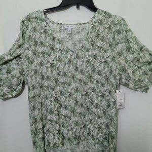 Nine West, Elbow Puff Sleeve Mocked Blouse, XL, Greens